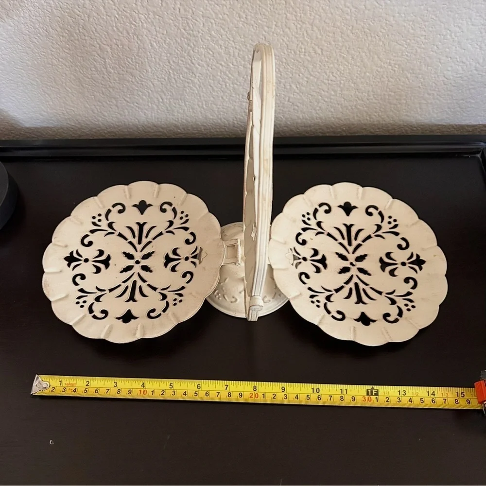 Vintage Shabby Chic Flower Decorated 3Tier Serving Platter Cream Filigree cutout